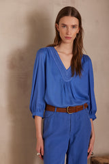 TAYLOR INDIGO EMBROIDED V-NECK BLOUSE