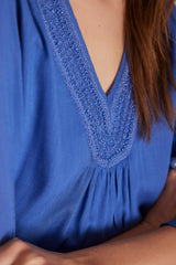 TAYLOR INDIGO EMBROIDED V-NECK BLOUSE