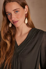 TAYLOR KHAKI EMBROIDED V-NECK BLOUSE