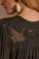 TAYLOR KHAKI EMBROIDED V-NECK BLOUSE