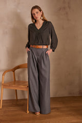 TAYLOR KHAKI EMBROIDED V-NECK BLOUSE