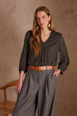 TAYLOR KHAKI EMBROIDED V-NECK BLOUSE