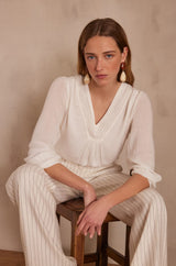 TAYLOR ECRU EMBROIDED V-NECK BLOUSE