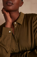 CARLA GREEN SATIN-LOOK FLOWING BLOUSE