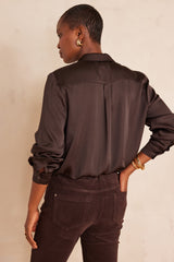 CARLA DARK BROWN SATIN-LOOK FLOWING BLOUSE