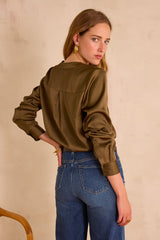 MARIE KHAKI SATIN BLOUSE