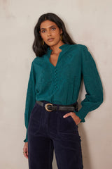 MALIA GREEN EMBROIDERED COTTON BLOUSE
