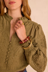 MALIA KHAKI EMBROIDERED COTTON BLOUSE