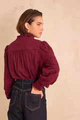 MALIA BURGUNDY EMBROIDERED COTTON BLOUSE