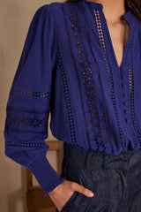 BAILIA ROYAL BLUE EMBROIDERED COTTON BLOUSE
