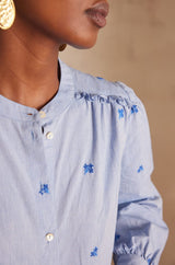 PRISCILE BLUE EMBROIDERED BLOUSE
