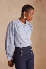 PRISCILE BLUE EMBROIDERED BLOUSE