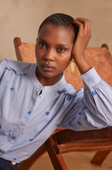 PRISCILE BLUE EMBROIDERED BLOUSE