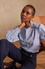 PRISCILE BLUE EMBROIDERED BLOUSE