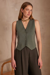 SUZON LEAF GREEN SLEEVELESS CARDIGAN