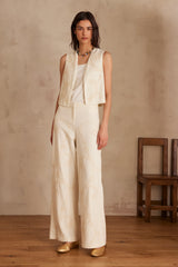 BORRIS ECRU EMBROIDERED WIDE-LEG TROUSERS