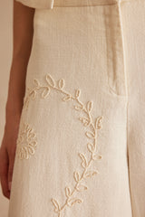 BORRIS ECRU EMBROIDERED WIDE-LEG TROUSERS