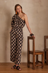 CHOULDER BLACK PRINTED ASYMMETRICAL COTTON BLOUSE