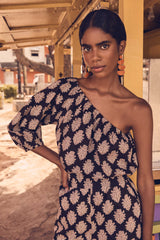 CHOULDER BLACK PRINTED ASYMMETRICAL COTTON BLOUSE