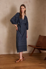 LUNE CHARCOAL EMBROIDERED LONG COTTON DRESS