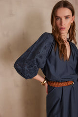 LUNE CHARCOAL EMBROIDERED LONG COTTON DRESS