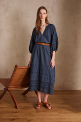LUNE CHARCOAL EMBROIDERED LONG COTTON DRESS