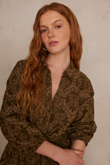 LISE KHAKI EMBROIDERED COTTON DRESS