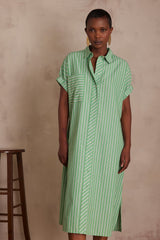 GIGI GREEN STRIPED COTTON SHIRT DRESS