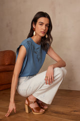 ALVIN PETROLE EMBROIDERED COTTON T-SHIRT