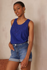 ARIANE BLUE EMBROIDERED COTTON TANKTOP