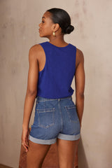 ARIANE BLUE EMBROIDERED COTTON TANKTOP