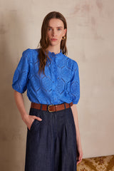 CALINA BLUE EMBROIDERED COTTON BLOUSE