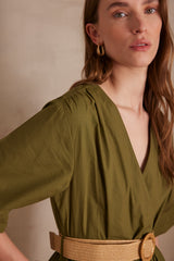 LEONORE OLIVE MIDI COTTON DRESS