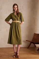 LEONORE OLIVE MIDI COTTON DRESS
