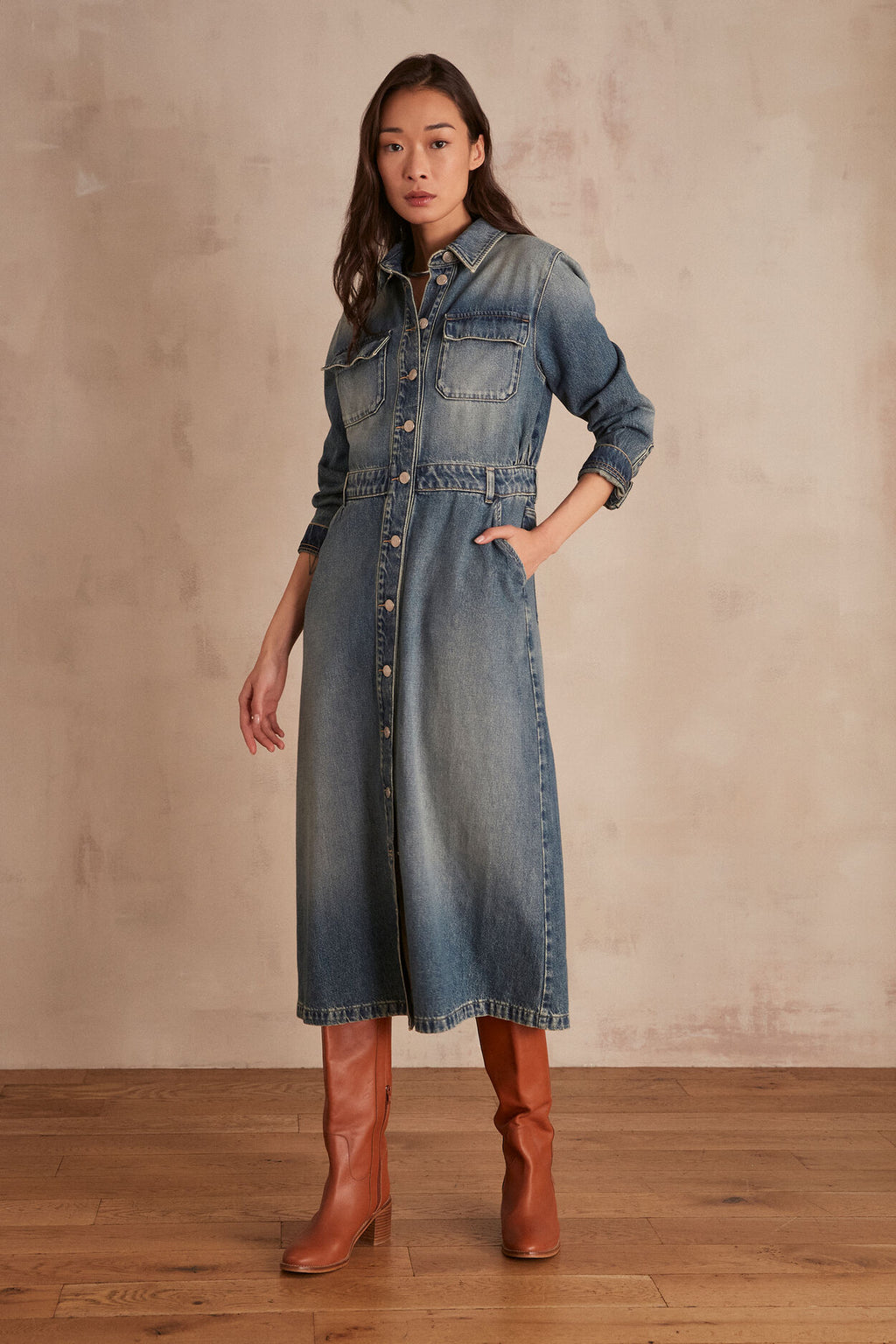 LOUISON MIDI FADED DENIM DRESS LOUISON MIDI FADED DENIM DRESS