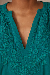 POKER PETROL EMBROIDERED COTTON BLOUSE