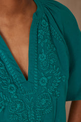 POKER PETROL EMBROIDERED COTTON BLOUSE