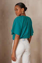 POKER PETROL EMBROIDERED COTTON BLOUSE