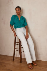 POKER PETROL EMBROIDERED COTTON BLOUSE