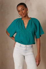 POKER PETROL EMBROIDERED COTTON BLOUSE