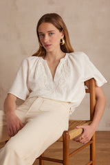 POKER ECRU EMBROIDERED COTTON BLOUSE