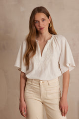 POKER ECRU EMBROIDERED COTTON BLOUSE