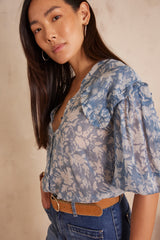 PIO BLUE PRINTED COTTON BLOUSE