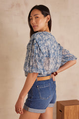 PIO BLUE PRINTED COTTON BLOUSE