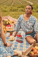 PIO BLUE PRINTED COTTON BLOUSE