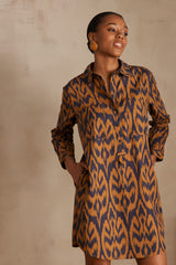 LISEA CARAMEL PRINTED COTTON SHIRT DRESS