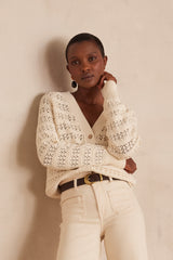 BASILIO CREAM OPENWORK COTTON CARDIGAN