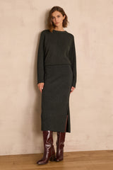 EMILIE PINE GREEN LONG WOOL SKIRT