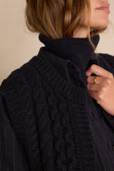 BIXENTE NAVY CABLE-KNIT WOOL SLEEVELESS CARDIGAN