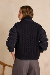 BIXENTE NAVY CABLE-KNIT WOOL SLEEVELESS CARDIGAN